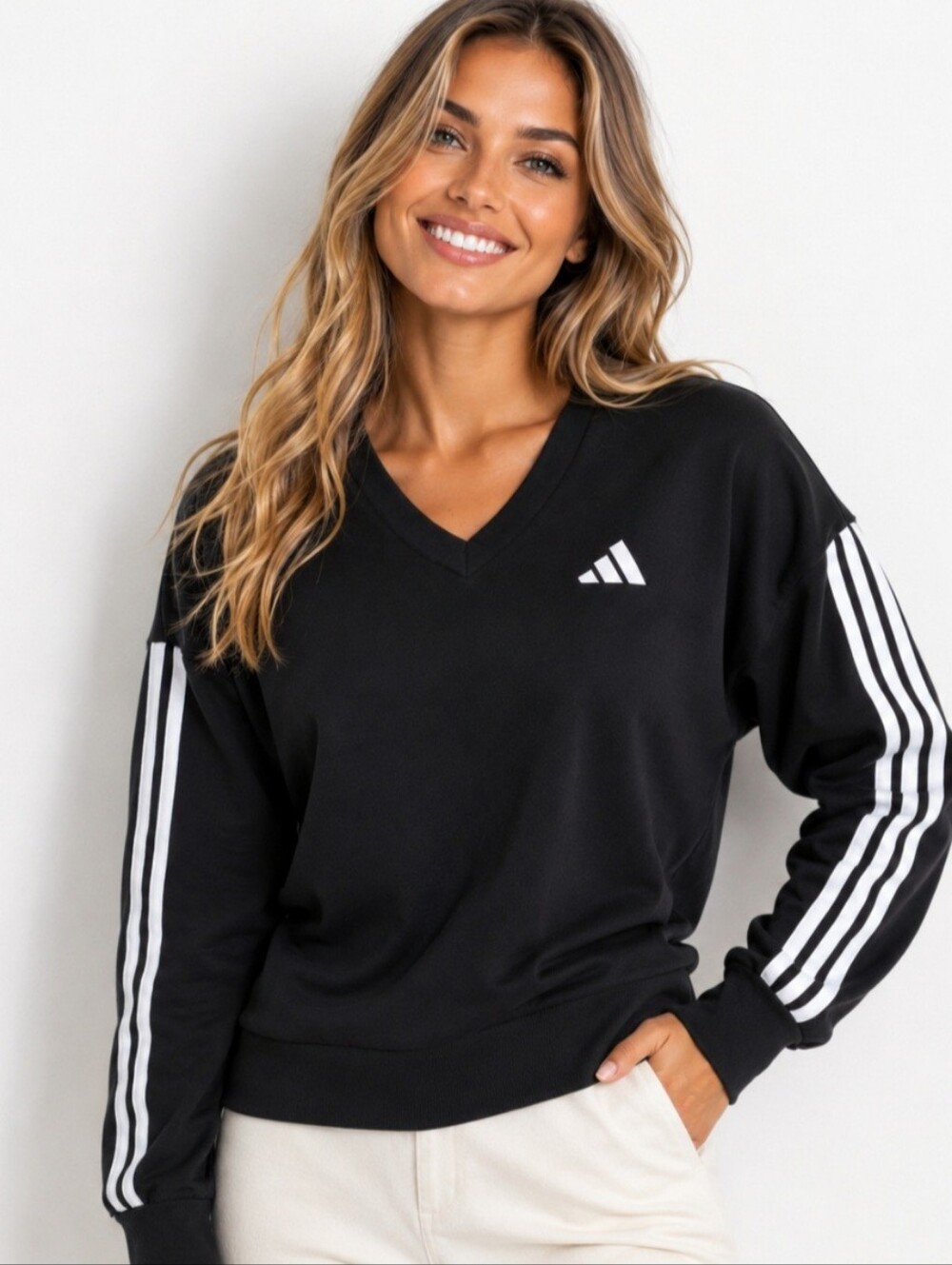 Adidas Black V-Neck Sweatshirt with White Sleeve Stripes (Small)